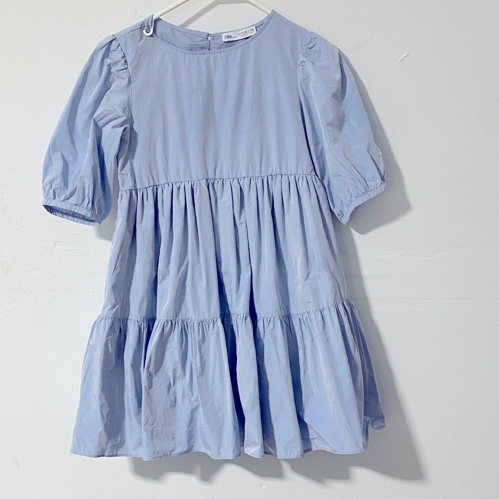 ZARA Kids Girls Blue Puff Sleeve Tiered Dress Size 11-12 Years (152 cm)